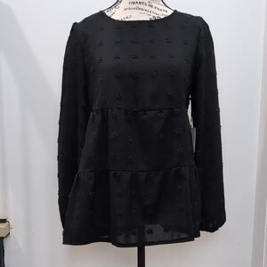 HAPPILY GREY | Women's Black Swiss Dot Boat Boat Neck Long Sleeved Tiered Blouse